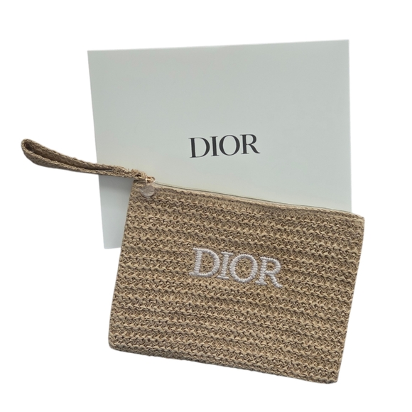 Dior Beauty Makeup Cosmetic Straw Pouch / Bag / Clutch / Wristlet - New